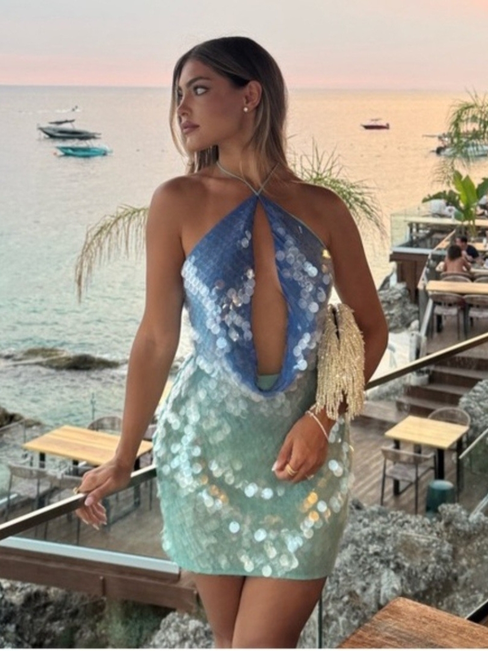 Sequin Gradient Halter Mini Dress in Blue and Seafoam Green